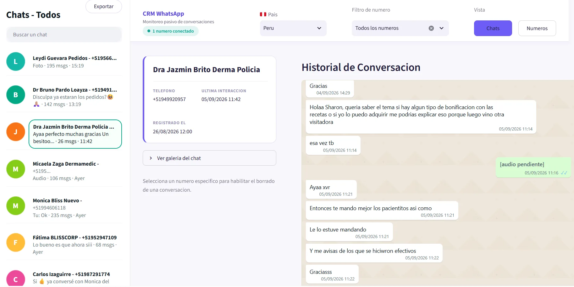 CRM de múltiples números de WhatsApp con selección por vendedor, conversaciones y chat en modo solo lectura