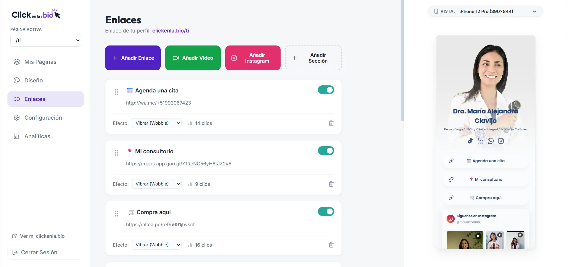 Editor de enlaces de clickenla.bio con vista previa móvil en tiempo real