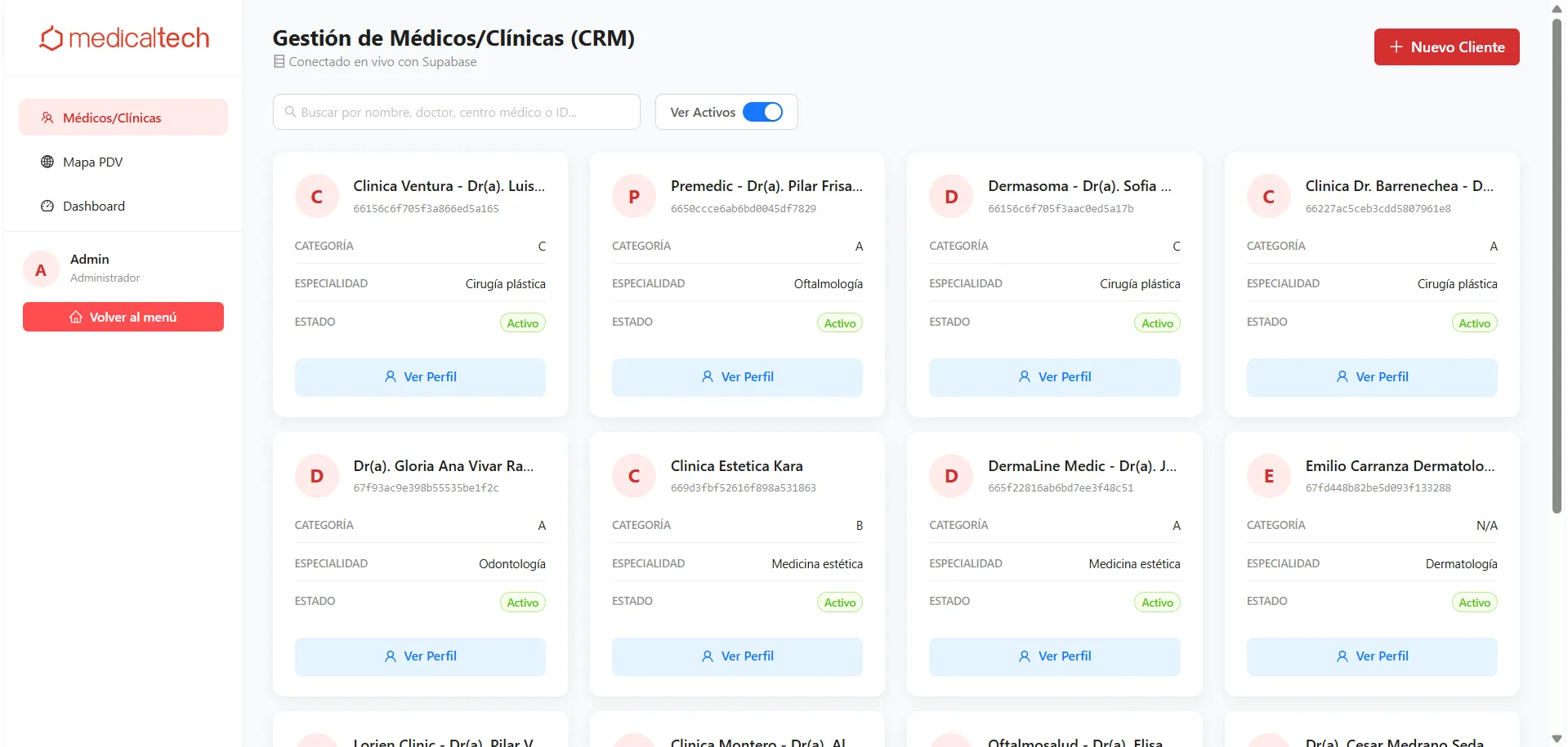 Base de médicos y clínicas del CRM de Medicaltech