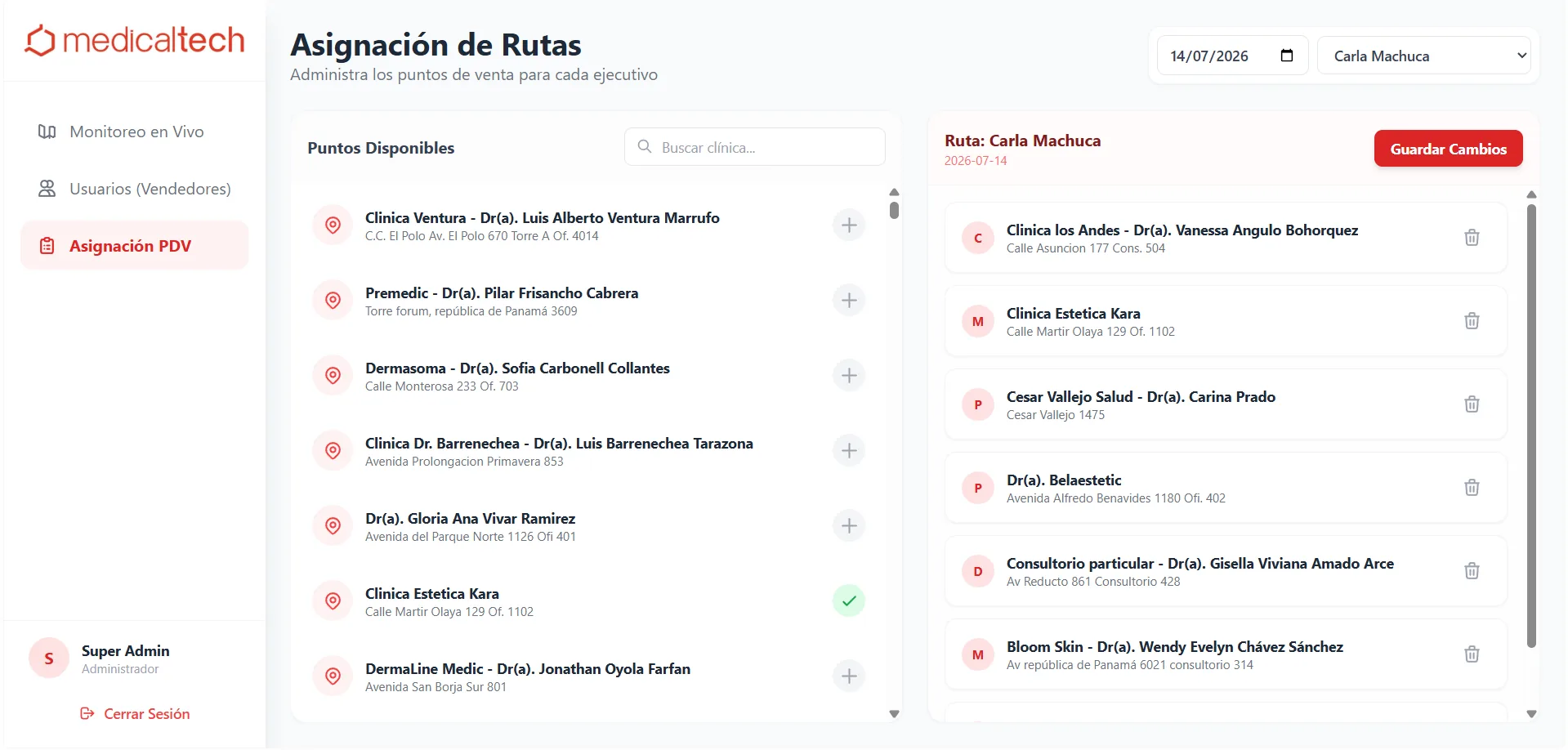 Panel Medicaltech para asignar puntos de venta a la ruta diaria de una ejecutiva