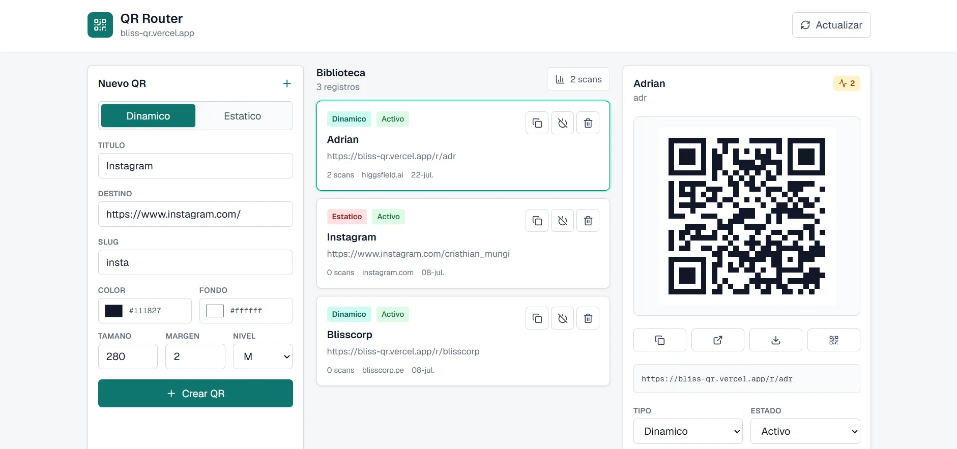 Administrador de QR Router con creador, biblioteca, analítica y vista previa del código QR